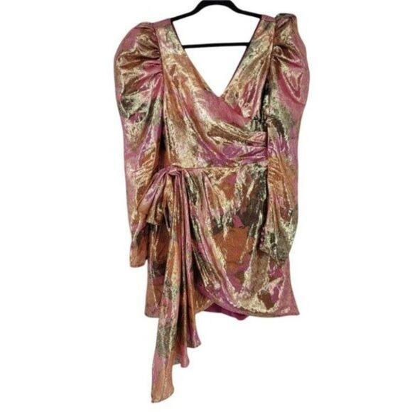 Flor Et. Al Abbott Long Sleeve Metallic Silk Artful Cocktail Dress Size 12 - Picture 2 of 5